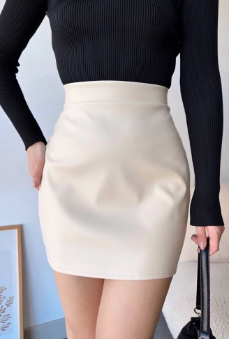 Düz deri etek bej h24468