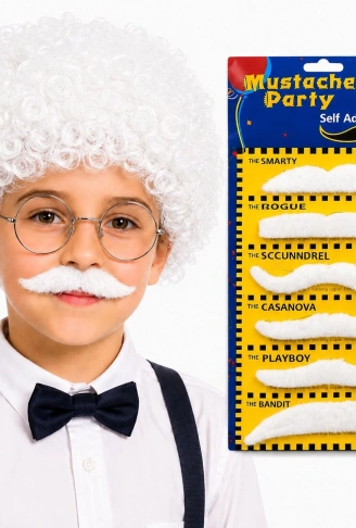 Einstein Beyaz Peruk ve 6'lı Bıyık Seti – Bilim Adamı Kostüm Aksesuarı (4940)