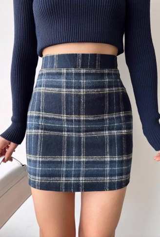 Ekoseli kaşe etek lacivert hf