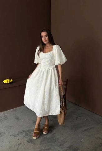 Ekru Balon Kollu Dantelli Brode Elbise