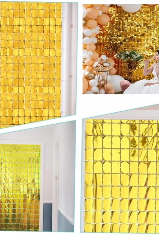 Ekstra Metalize Altın Renk Disko Dikdörtgen Kesim Kapı Perdesi Dekorasyon 1x2 Metre (4940)