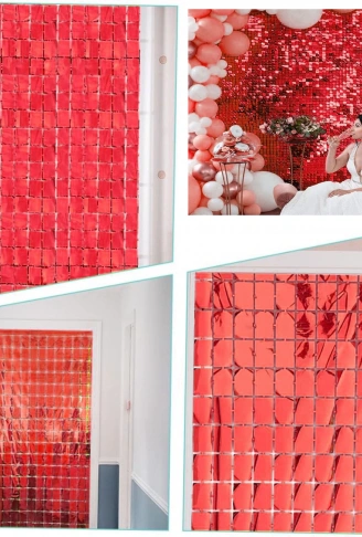 Ekstra Metalize Kırmızı Renk Disko Dikdörtgen Kesim Kapı Perdesi Dekorasyon 1x2 Metre (4940)