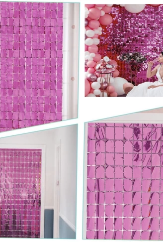 Ekstra Metalize Rose Gold Renk Disko Dikdörtgen Kesim Kapı Perdesi Dekorasyon 1x2 Metre (4940)
