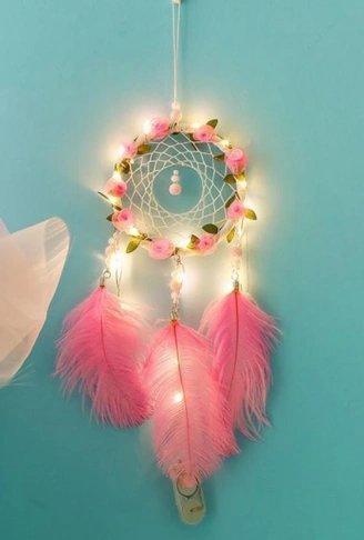 El Yapımı Kuş Tüyü ve Led Işıklı Dekoratif Asma Düş Rüya Kapanı (4940)