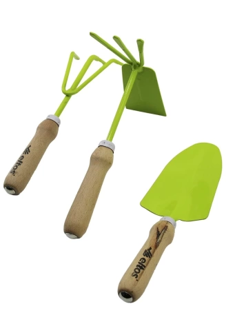 ELTOS EBS-003  3PCS  BAHÇE HOBİ SETİ  RENKLİ METAL   ÇİFT BAŞLI ÇAPA - 3 DİŞLİ TIRMIK - KÜREK  AHŞAP SAPLI (4940)