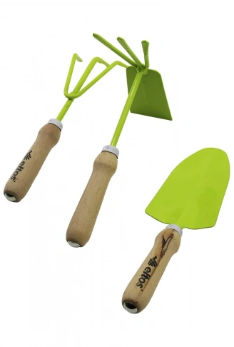 ELTOS EBS-003  3PCS  BAHÇE HOBİ SETİ  RENKLİ METAL   ÇİFT BAŞLI ÇAPA - 3 DİŞLİ TIRMIK - KÜREK  AHŞAP SAPLI (4940)