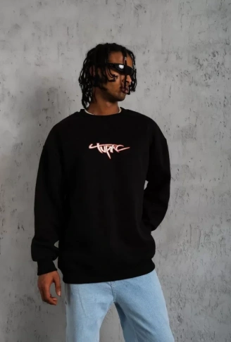 Erkek 3 İplik Gangster Baskılı Sweatshirt - Siyah