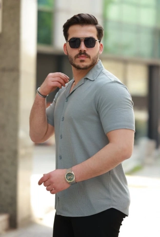 Erkek Apaç Yaka örme Kumaş Kısa Kollu Gömlek