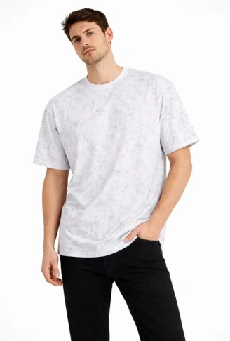 Erkek Asit Yıkama Bisiklet Yaka Kısa Kollu Oversize T-Shirt Tişört - Beyaz