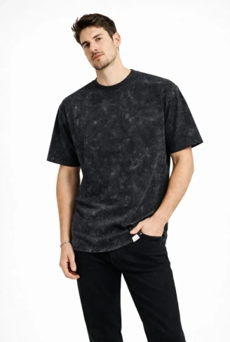 Erkek Asit Yıkama Bisiklet Yaka Kısa Kollu Oversize T-Shirt Tişört - Siyah