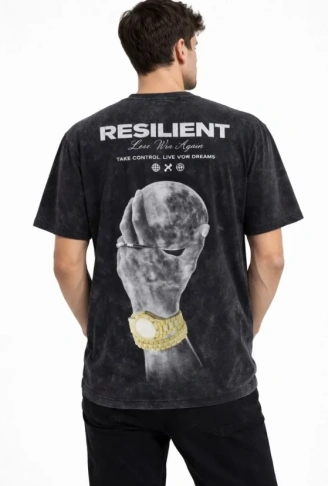 Erkek Asit Yıkamalı Baskılı Tişört Bisiklet Yaka Kısa Kollu Streetwear T-shirt - Siyah