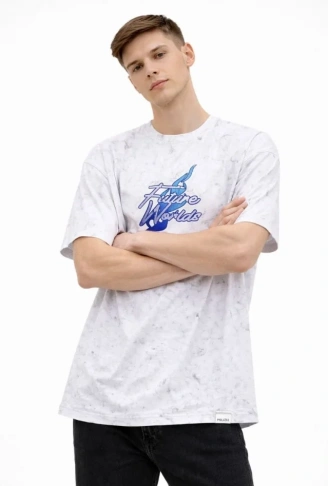 Erkek Asit Yıkamalı Oversize Tişört Future Worlds Baskılı Bisiklet Yaka Kısa Kollu Streetwear %100 Pamuk Street Style T-Shirt - Beyaz