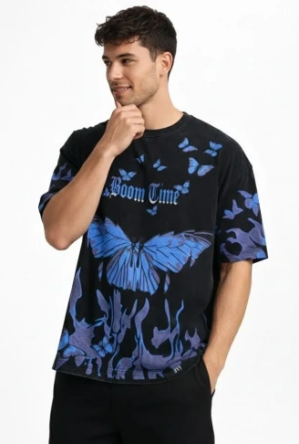 Erkek Asit Yıkamalı Oversize Tişört Mavi Kelebek Baskılı Dijital Print Bisiklet Yaka Streetwear T-Shirt - Siyah