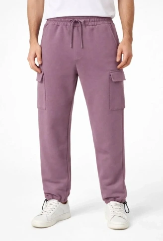 Erkek Baggy Üç İplik Kargo Cepli Eşofman Ayarlanabilir Paça Beli İpli Pantolon - Gül Kurusu