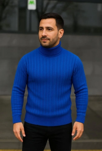 Erkek Balıkcı Yaka Bağazlı Triko Kazak Pamuklu Kalın Fitilli Dokuma, Regular Fit Uzun Kollu Kışlık Model - Saks Mavisi