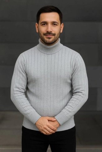 Erkek Balıkcı Yaka Bağazlı Triko Kazak Pamuklu Kalın Fitilli Dokuma, Regular Fit Uzun Kollu Kışlık Model - Gri