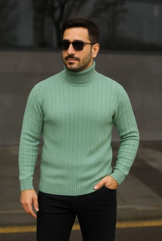 Erkek Balıkcı Yaka Bağazlı Triko Kazak Pamuklu Kalın Fitilli Dokuma, Regular Fit Uzun Kollu Kışlık Model - Mint Yeşili