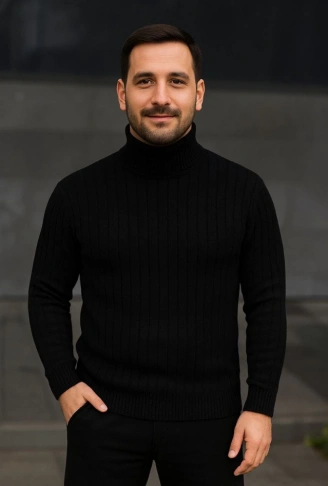 Erkek Balıkcı Yaka Bağazlı Triko Kazak Pamuklu Kalın Fitilli Dokuma, Regular Fit Uzun Kollu Kışlık Model - Siyah