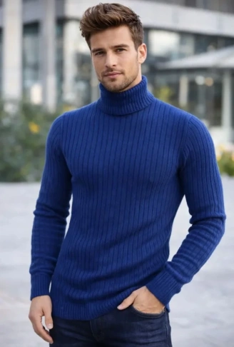 Erkek Balıkcı Yaka Bağazlı Triko Kazak Pamuklu Kalın Fitilli Dokuma, Regular Fit Uzun Kollu Kışlık Model - İndigo