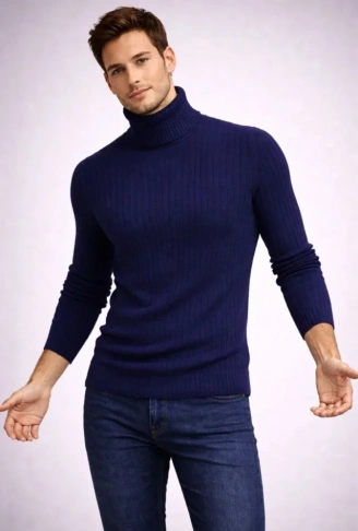 Erkek Balıkcı Yaka Bağazlı Triko Kazak Pamuklu Kalın Fitilli Dokuma, Regular Fit Uzun Kollu Kışlık Model - Lacivert