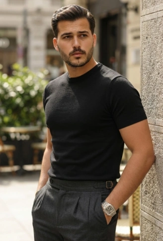 Erkek Basic Bisiklet Yaka Kısa Kollu Triko Tişört - %100 Pamuk Akrilik