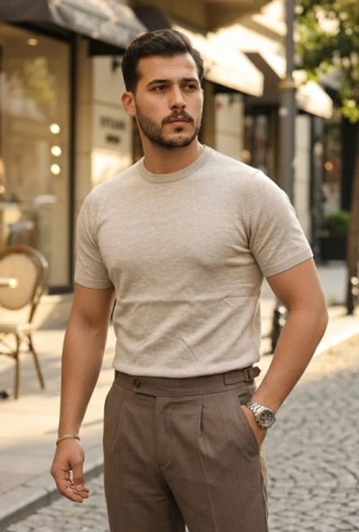 Erkek Basic Bisiklet Yaka Kısa Kollu Triko Tişört - %100 Pamuk Akrilik