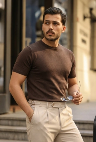 Erkek Basic Bisiklet Yaka Kısa Kollu Triko Tişört - %100 Pamuk Akrilik