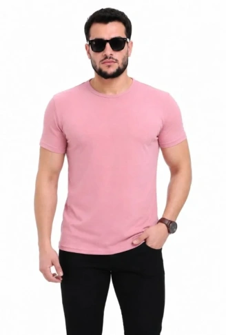 Erkek Basic Tişört Bisiklet Yaka Kısa Kol Günlük Yazlık Slim Fit T-Shirt - Pembe