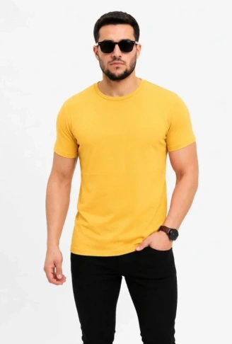 Erkek Basic Tişört Bisiklet Yaka Kısa Kol Günlük Yazlık Slim Fit T-Shirt - Sarı
