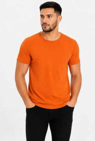 Erkek Basic Tişört Bisiklet Yaka Kısa Kol Günlük Yazlık Slim Fit T-Shirt - Turuncu