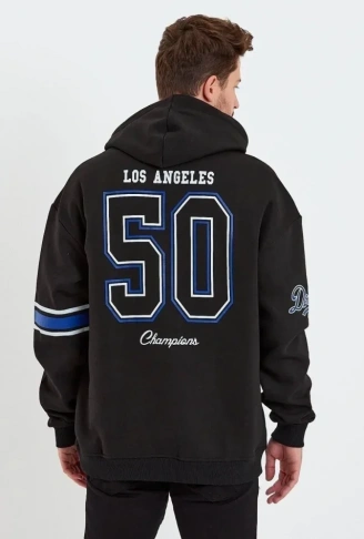 Erkek Baskılı Kapşonlu Üç Iplik Oversize Sweatshirt - Siyah