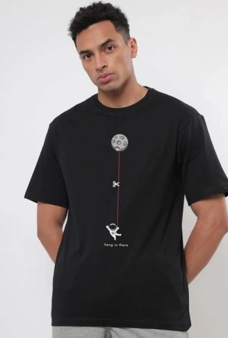 Erkek Baskılı Oversize T-shirt - Siyah