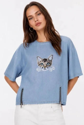 Erkek Baskılı T-Shirt Kısa Kol Bisiklet Yaka Rahat Kalıp Tişört - Mavi