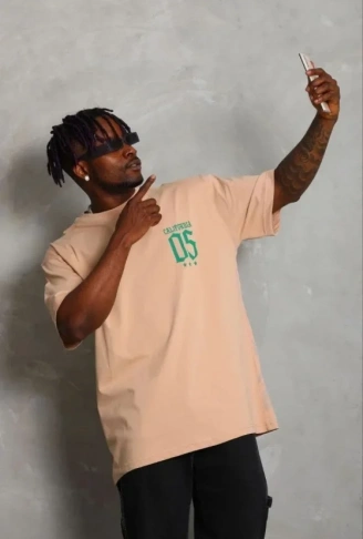 Erkek Baskılı T-Shirt Kısa Kol Bisiklet Yaka Regular Fit Rahat Kalıp Günlük Tişört - Bej