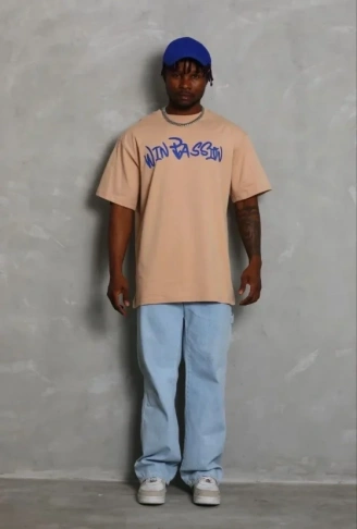 Erkek Baskılı T-Shirt Kısa Kol Bisiklet Yaka Regular Fit Rahat Kalıp Günlük Tişört - Bej