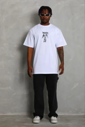 Erkek Baskılı T-Shirt Kısa Kol Bisiklet Yaka Regular Fit Rahat Kalıp Günlük Tişört - Beyaz