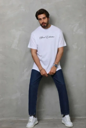 Erkek Baskılı T-Shirt Kısa Kol Bisiklet Yaka Regular Fit Rahat Kalıp Günlük Tişört - Beyaz