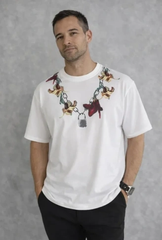 Erkek Baskılı T-Shirt Kısa Kol Bisiklet Yaka Regular Fit Rahat Kalıp Günlük Tişört - Beyaz