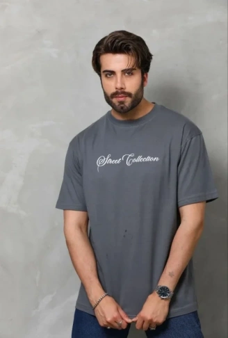 Erkek Baskılı T-Shirt Kısa Kol Bisiklet Yaka Regular Fit Rahat Kalıp Günlük Tişört - Füme