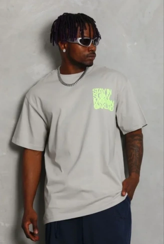 Erkek Baskılı T-Shirt Kısa Kol Bisiklet Yaka Regular Fit Rahat Kalıp Günlük Tişört - Gri