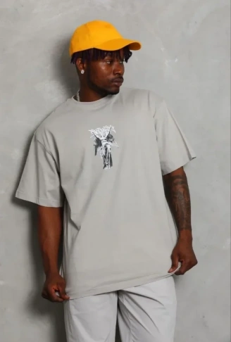 Erkek Baskılı T-Shirt Kısa Kol Bisiklet Yaka Regular Fit Rahat Kalıp Günlük Tişört - Gri