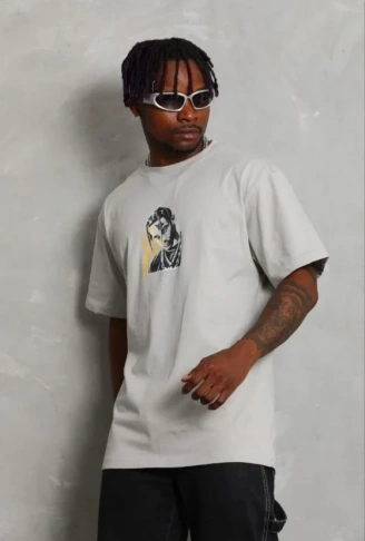 Erkek Baskılı T-Shirt Kısa Kol Bisiklet Yaka Regular Fit Rahat Kalıp Günlük Tişört - Gri