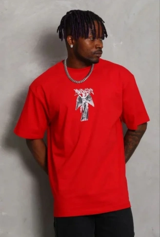 Erkek Baskılı T-Shirt Kısa Kol Bisiklet Yaka Regular Fit Rahat Kalıp Günlük Tişört - Kırmızı