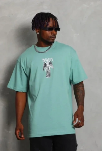 Erkek Baskılı T-Shirt Kısa Kol Bisiklet Yaka Regular Fit Rahat Kalıp Günlük Tişört - Mint Yeşili