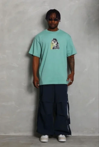 Erkek Baskılı T-Shirt Kısa Kol Bisiklet Yaka Regular Fit Rahat Kalıp Günlük Tişört - Mint Yeşili