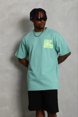 Erkek Baskılı T-Shirt Kısa Kol Bisiklet Yaka Regular Fit Rahat Kalıp Günlük Tişört - Mint Yeşili