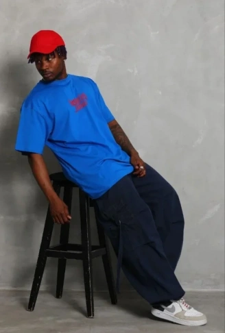 Erkek Baskılı T-Shirt Kısa Kol Bisiklet Yaka Regular Fit Rahat Kalıp Günlük Tişört - Saks Mavisi