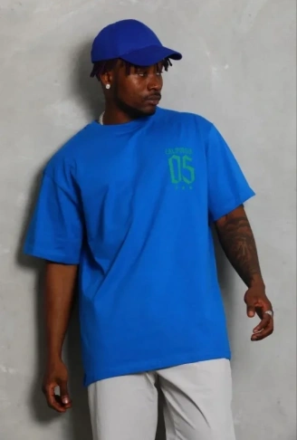 Erkek Baskılı T-Shirt Kısa Kol Bisiklet Yaka Regular Fit Rahat Kalıp Günlük Tişört - Saks Mavisi