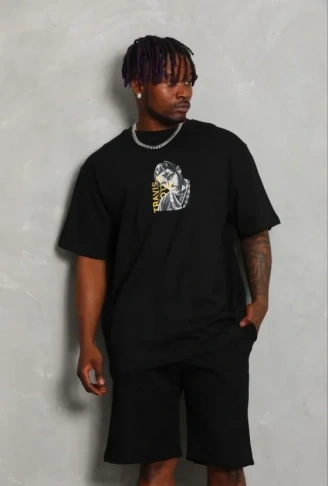 Erkek Baskılı T-Shirt Kısa Kol Bisiklet Yaka Regular Fit Rahat Kalıp Günlük Tişört - Siyah