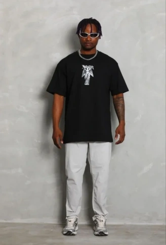 Erkek Baskılı T-Shirt Kısa Kol Bisiklet Yaka Regular Fit Rahat Kalıp Günlük Tişört - Siyah